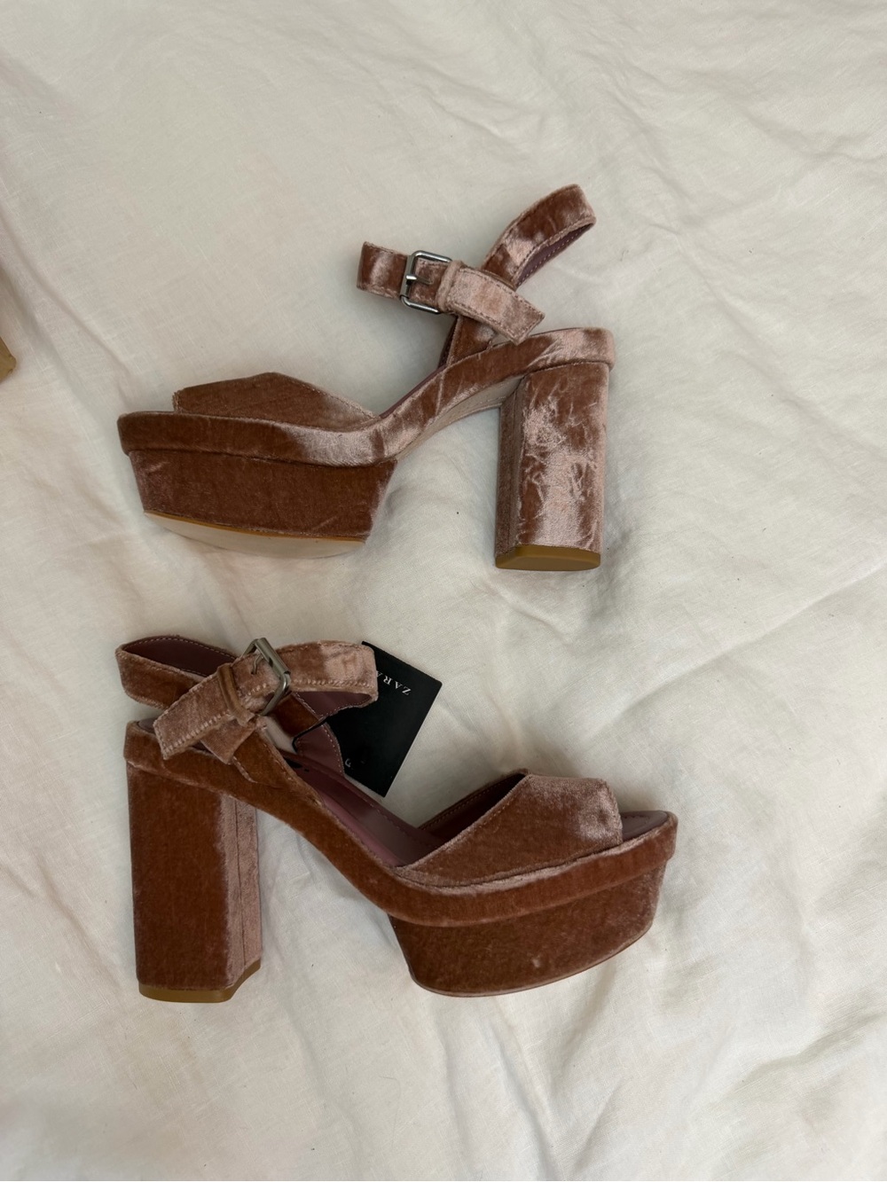 Zara Velvet Platform Block Heel Sandals in Dusty Rose